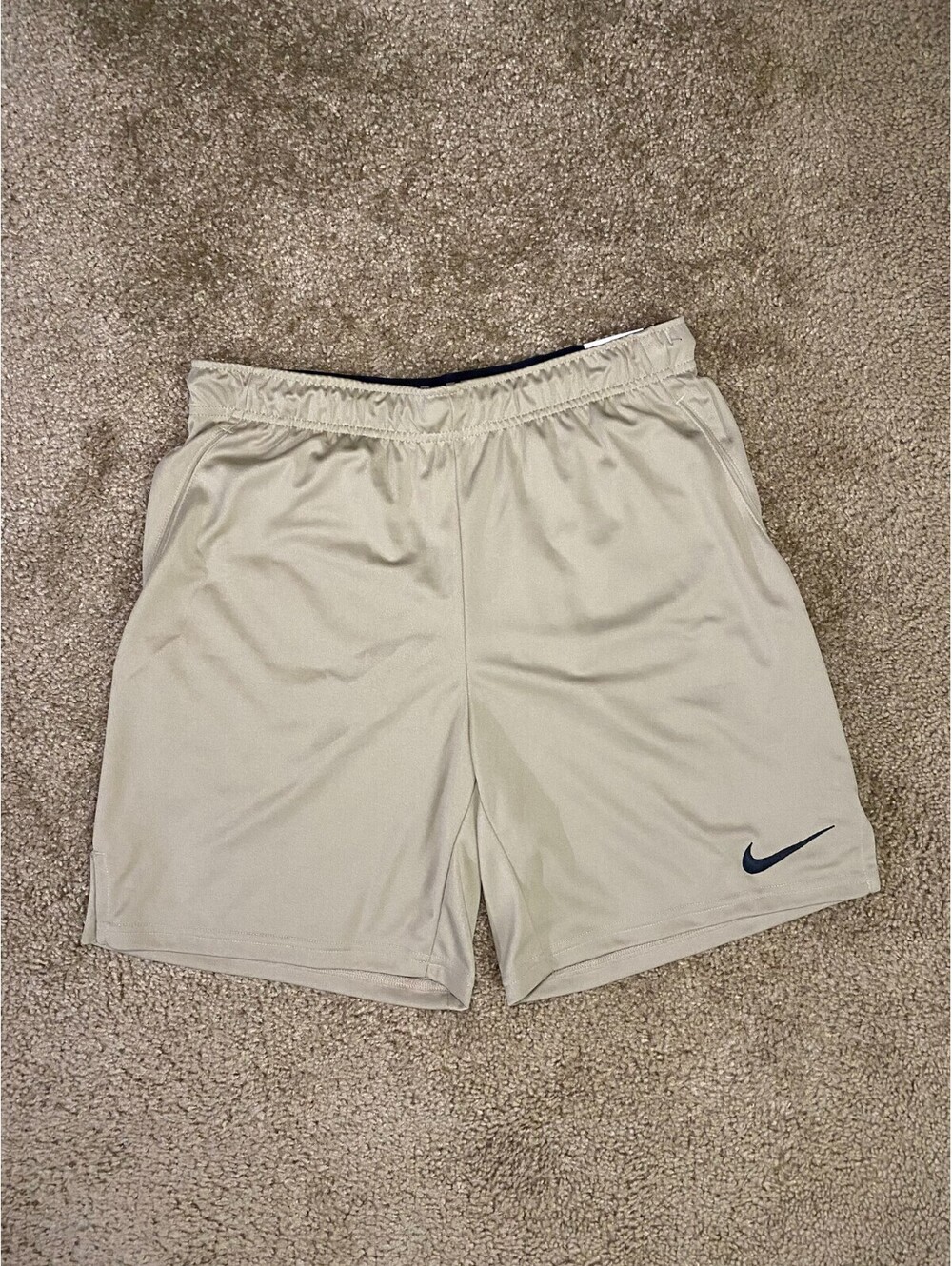 Nike Athletic Shorts Mens Large Beige Swoosh Dri-FIT Standard Fit Gym Drawstring